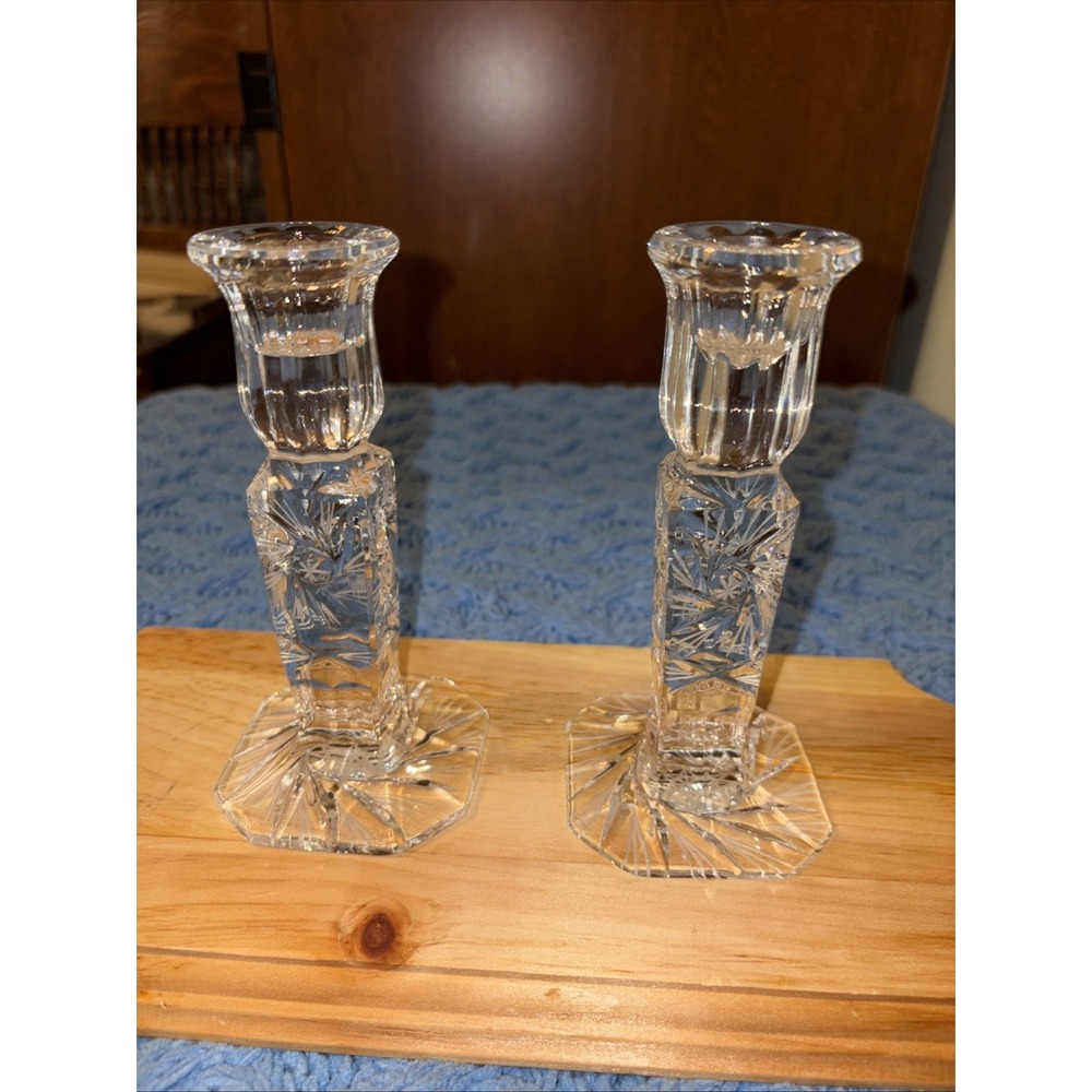 Vintage Candle Holders 24% Lead Crystal Hand Cut Pinwheel Design Made In Poland